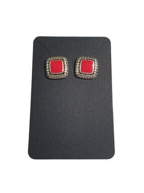 Silver Tone Square Stud Earrings Red Enamel Center Decorative Accents Mom Gift